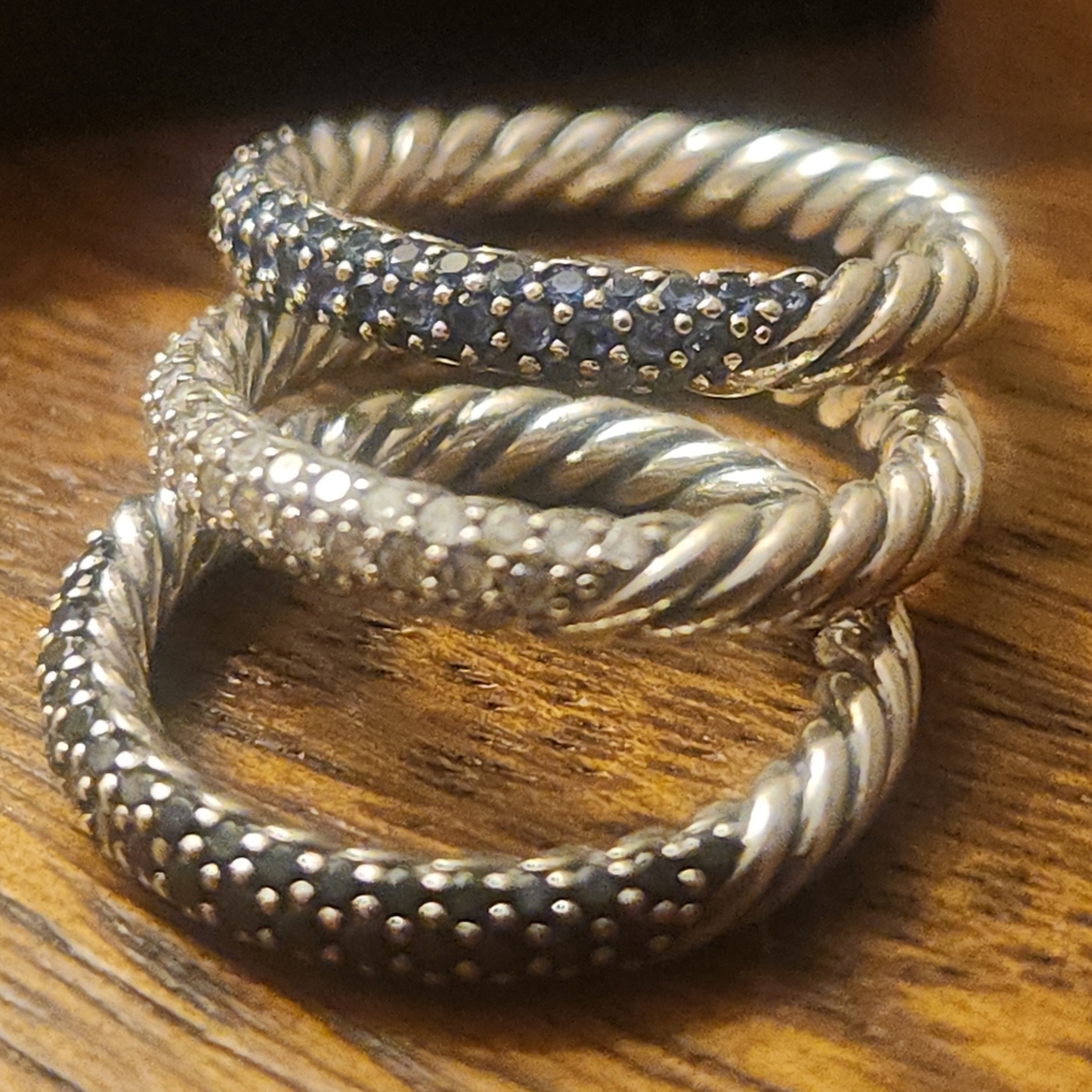 David Yurman | Diamonds & Sapphire Stackable Three Ring Set - Picture 7 of 13